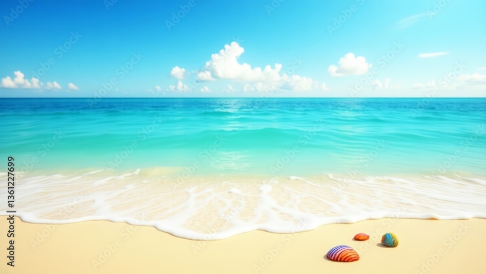 Naklejka premium Idyllic tropical beach scene with gentle turquoise waves, soft sand, and clear skies