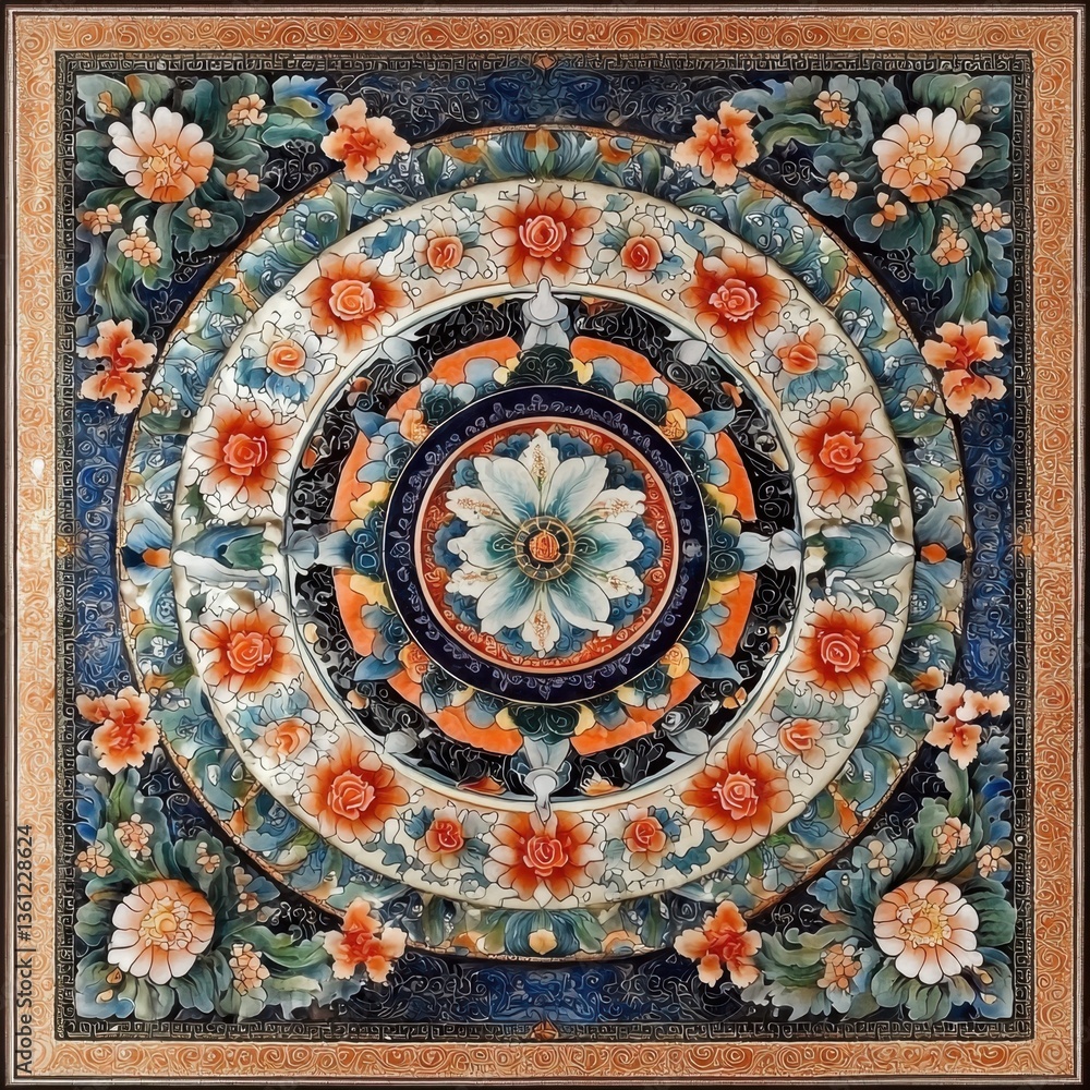 Obraz premium A vibrant, intricate floral mandala design featuring colorful flowers and detailed patterns on a rich background.