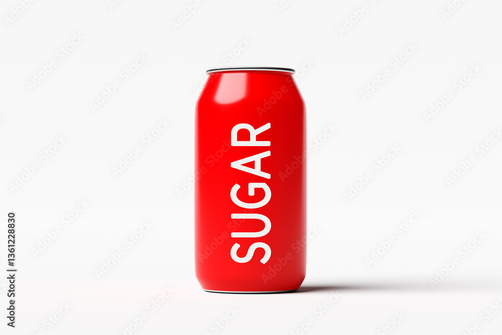 Red soda can emphasizing sugar content on white background Red soda can emphasizing sugar content on white background