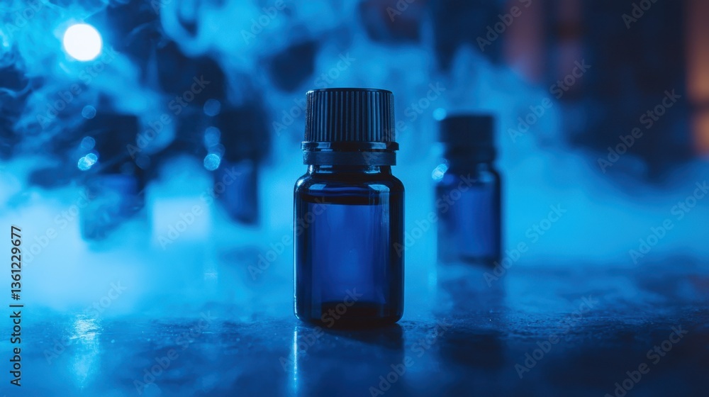 A close-up of blue glass bottles surrounded by mist, creating a mysterious and atmospheric aesthetic. A close-up of blue glass bottles surrounded by mist, creating a mysterious and atmospheric aesthetic.