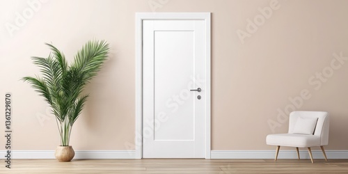Minimalist interior features a white door plant and chair