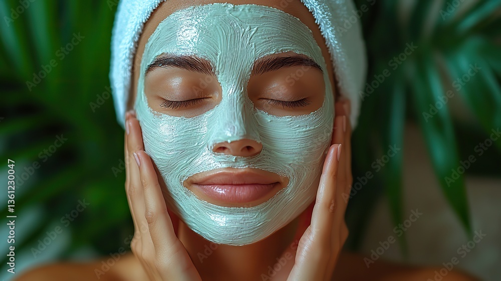 A woman is applying a face mask as part of her skincare routine, enjoying a beauty treatment and spa relaxation A woman is applying a face mask as part of her skincare routine, enjoying a beauty treatment and spa relaxation
