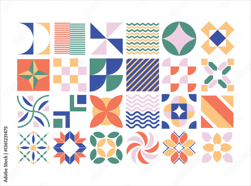A colorful array of shapes and patterns, including squares, triangles A colorful array of shapes and patterns, including squares, triangles