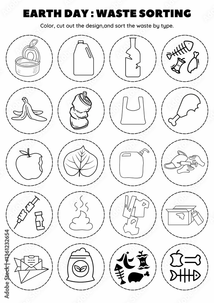 Fototapeta premium Engaging Earth Day waste sorting craft for kids! A fun cut-and-paste activity to teach recycling and sustainability. Perfect for classrooms, homeschool, and hands-on eco-friendly learning!