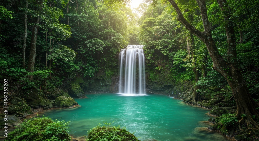 Serene Waterfall Cascading into Lush Emerald Pool Tropical Rainforest Nature Scene Serene Waterfall Cascading into Lush Emerald Pool Tropical Rainforest Nature Scene