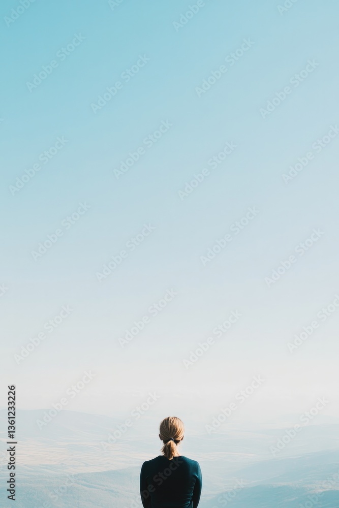 person gazing at vast open landscape from high vantage point symbolizing hope and potential with ample sky above and person gazing at vast open landscape from high vantage point symbolizing hope and potential with ample sky above and