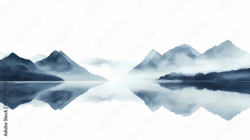 Fototapeta premium Misty Mountain Reflection Landscape Painting
