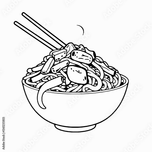 black outline vector of chow mein stir-fried noodles with vegetables and meat isolated on a white background