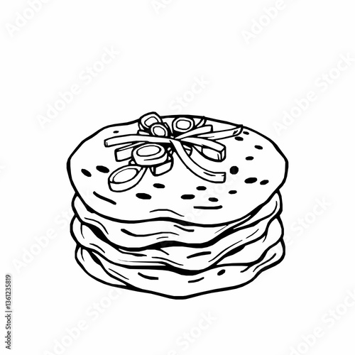 black outline vector of Chinese scallion pancake crispy and layered isolated on a white background