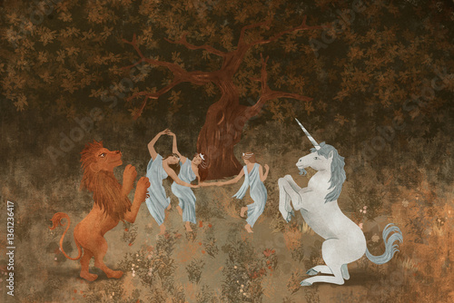 Forest nymphs dance in a magical forest with mythical animals, a lion and a unicorn