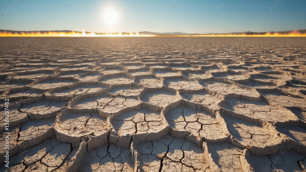 Fototapeta premium Arid cracked landscape reflecting sunlight evokes drought conditions on barren earth