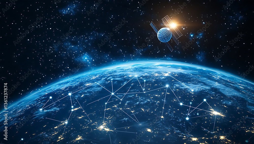 Obraz premium Network of Satellites Creating a Digital Web Around the Planet