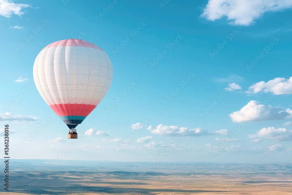 Fototapeta premium serene hot air balloon floats gracefully across clear blue sky with gentle clouds vast open plains stretch below inviting