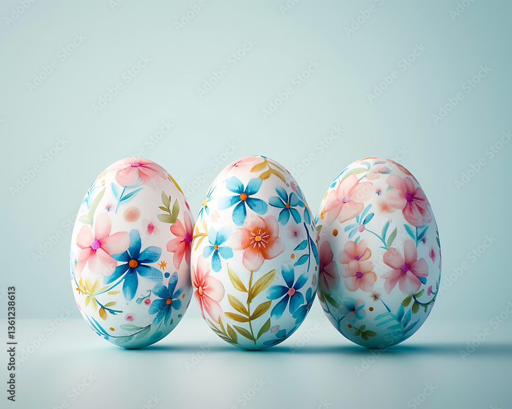 Fototapeta premium Pastel Easter Eggs with Floral Designs - 3D Rendered Minimalist Template for Spring Greeting Cards & Social Media Posts.Generative AI