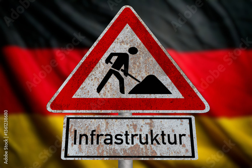 Deutsche Flagge und Verkehrsschild Baustelle als Symbol für die Erneuerung der Infrastruktur in Deutschland