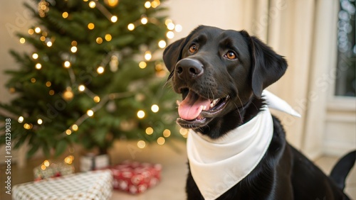Close up of a happy dog wearing Blank white bandana mockup in Christmas setting background while facing camera.
