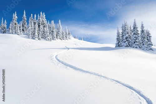 snowy mountainside under crisp blue sky undisturbed ski tracks weaving down slope create serene winter scene