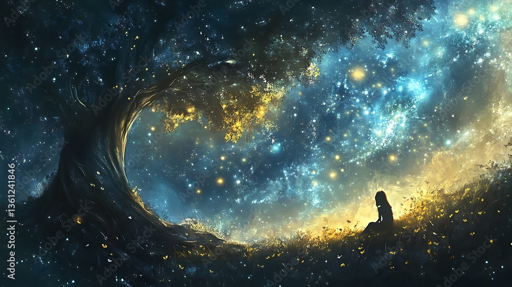 Obraz premium Solitary girl sits beneath a massive with luminous tree against a backdrop of a starry night sky for scene evokes a sense of magic tranquility concept.