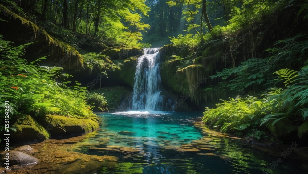 Naklejka premium Serene Waterfall Cascading into Crystal Clear Pool Surrounded by Lush Greenery