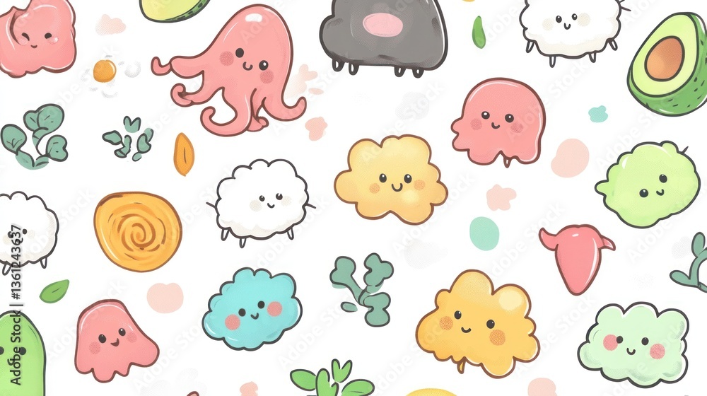 Fototapeta premium Cute food characters pattern, playful design, whimsical background, ideal for kids' products