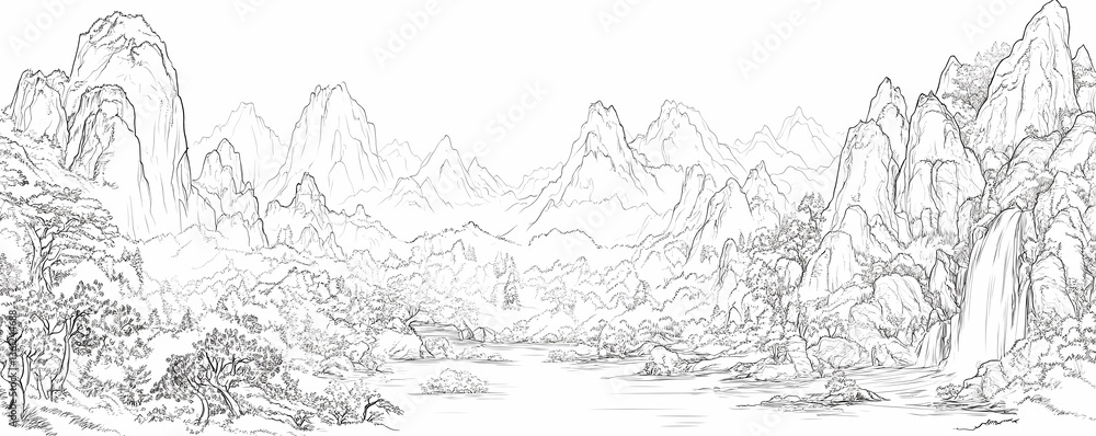 Fototapeta premium Sketch of Mountain Scenery with Waterfall