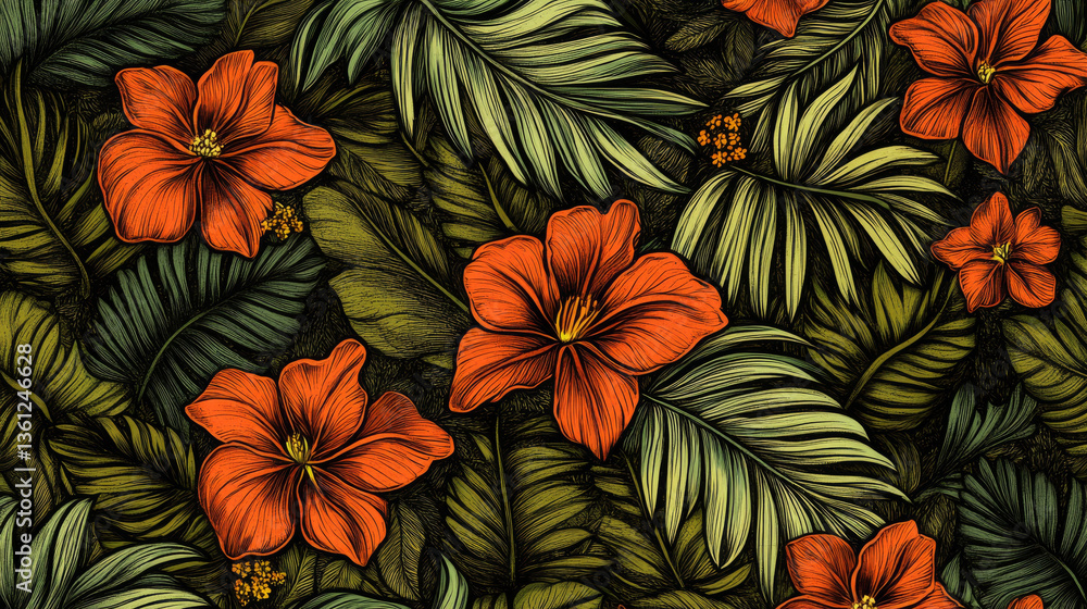 Naklejka premium Vibrant orange flowers with lush green leaves pattern