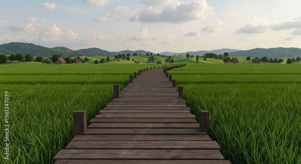 Obraz premium 緑の田園風景 木道が伸びる穏やかな景色 優しい日差し