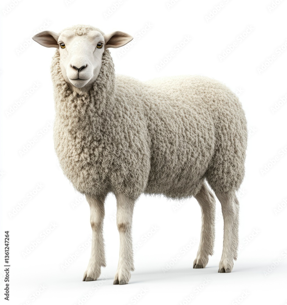 Standing Sheep with Thick Wool Fleece Isolated on White Background Standing Sheep with Thick Wool Fleece Isolated on White Background