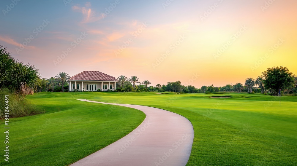 Fototapeta premium Serene Golf Course Landscape at Sunset with Winding Path and Scenic Clubhouse View