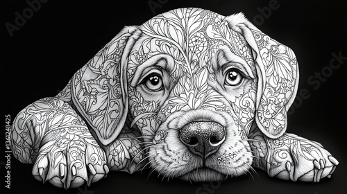 An intricate zentangle dog illustration captures the playful spirit of a puppy in black and white line art, perfect for a pet coloring page
