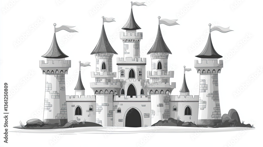 Obraz premium A detailed illustration of a castle with multiple towers and flags