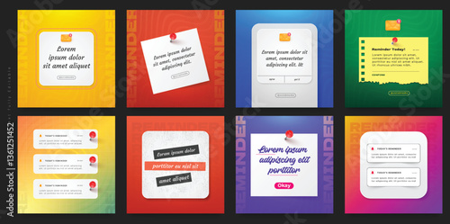 Reminder notifications templates set for social media. 3D-style notification. Variables: colorful design and reminder note layouts with a motivation letter, a place for text