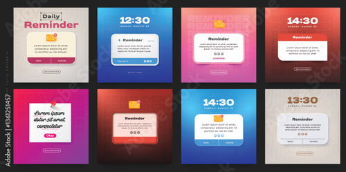 Set of reminder notifications social media post design with notification icon in 3D style. The vector illustration of the event notice message is set against an isolated background. 