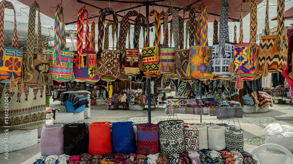 Naklejka premium Colorful traditional Andean woven bags displayed at a textile market in Ecuador
