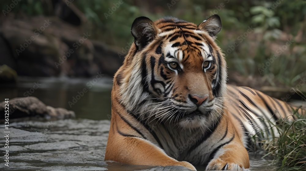 Naklejka premium AI GENERATE, A tiger with the nature life background