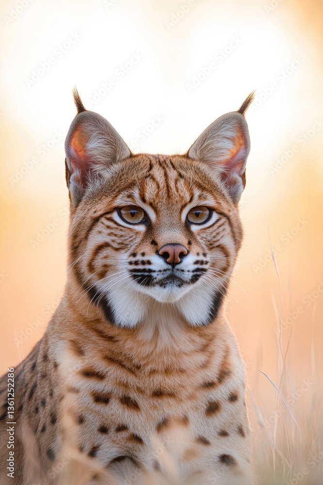 Obraz premium close-up of majestic wild cat with piercing eyes crouched amidst tall grass under dappled sunlight