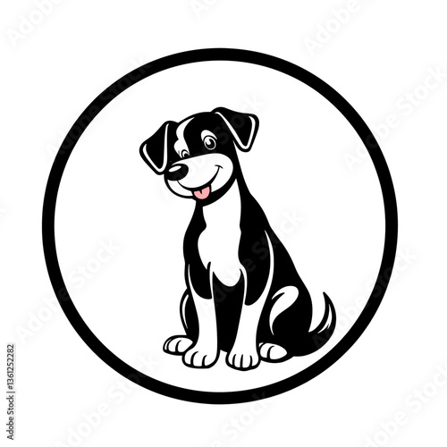 A cheerful black and white cartoon dog sitting inside a circular frame