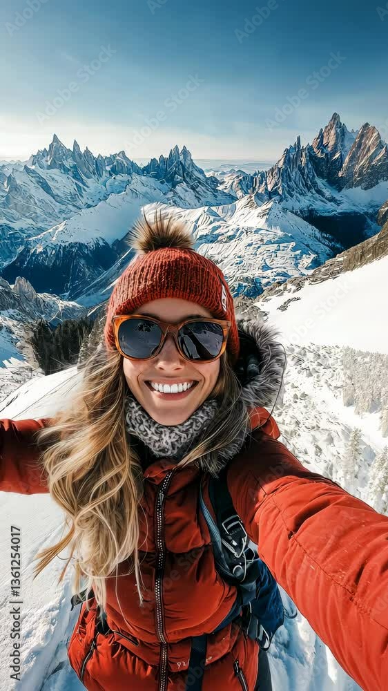 A beautiful woman in warm outdoor clothing takes a selfie atop a snowy mountain peak, capturing stunning snow-covered peaks and a clear sky, radiating accomplishment and joy. A beautiful woman in warm outdoor clothing takes a selfie atop a snowy mountain peak, capturing stunning snow-covered peaks and a clear sky, radiating accomplishment and joy.