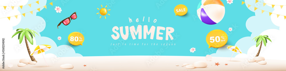 Fototapeta premium Summer web banner poster with summer beach scene design background