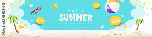 Summer web banner poster with summer beach scene design background