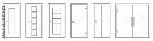 Door type icons Collection in linear style Home entrance doors, classic interior doors, elevators and wooden or glass safes Simple design vector illustration on white background