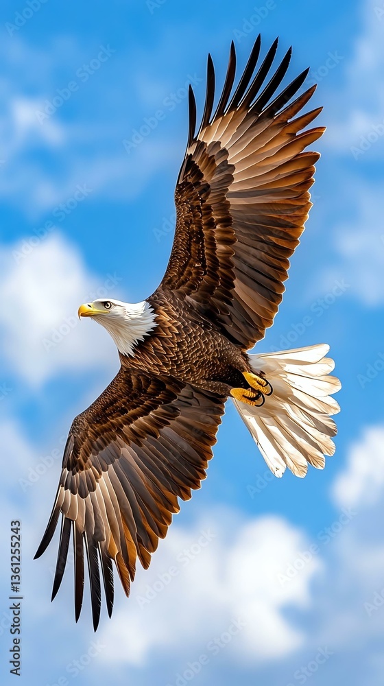 Obraz premium Milestone Courage Dream Big. an eagle soaring high above the clouds, wings outstretched against a deep blue sky, embodying freedom and limitless ambition.