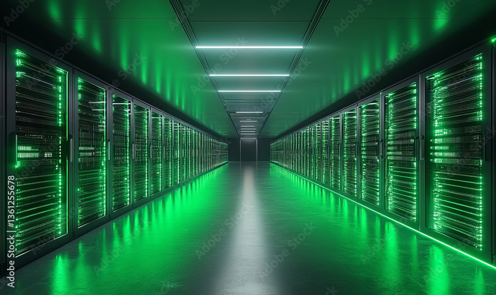 Fototapeta premium the green server room is illuminated with bright lights, creating an impressive technological environment