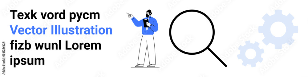 Business professional pointing while holding a clipboard, paired with a bold magnifying glass and gear shapes. Ideal for analysis, research, productivity, strategy, innovation, teamwork, simple Business professional pointing while holding a clipboard, paired with a bold magnifying glass and gear shapes. Ideal for analysis, research, productivity, strategy, innovation, teamwork, simple