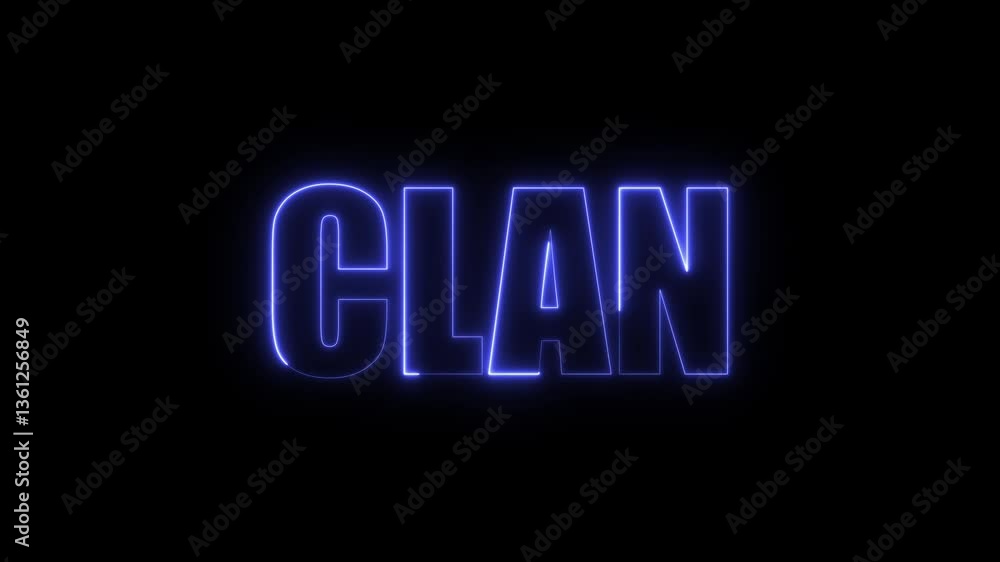 Blue Neon Clan Text Effect on Black Background. Clan Neon Text Animation Over Glowing Line on Black Background Blue Neon Clan Text Effect on Black Background. Clan Neon Text Animation Over Glowing Line on Black Background