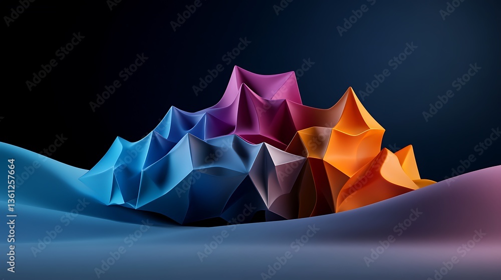 Obraz premium Abstract 3D Render: Colorful Geometric Forms on a Moody Landscape AI Generated