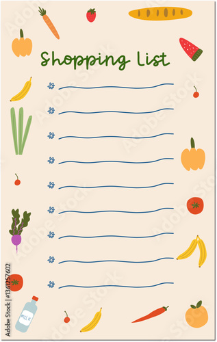 Grocery shopping list planner template. Vector planner pages templates. Minimalist printable planner pages templates. 