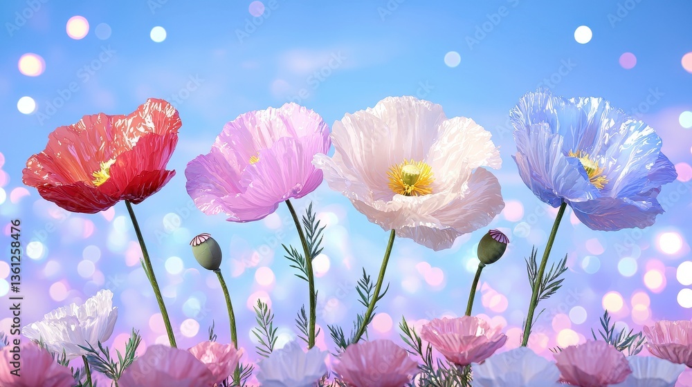 Pixelated Poppy Flowers in Pastel Bokeh Background Pixelated Poppy Flowers in Pastel Bokeh Background