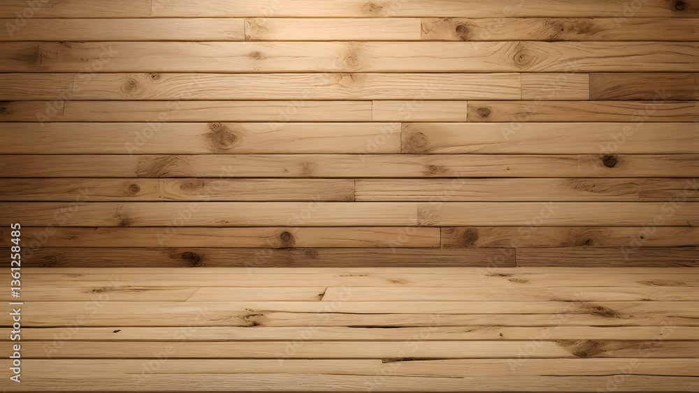 Fototapeta premium A detailed image of clean wood planks with a warm, golden hue, creates a welcoming and natural background with a floor perspective.