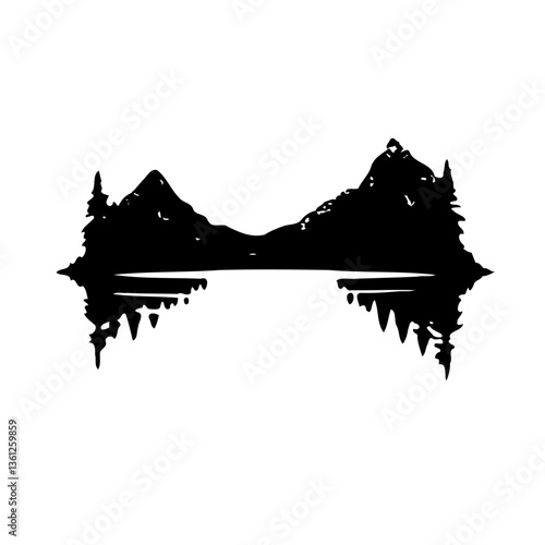 Monochrome Mountain Lake Silhouette Illustration